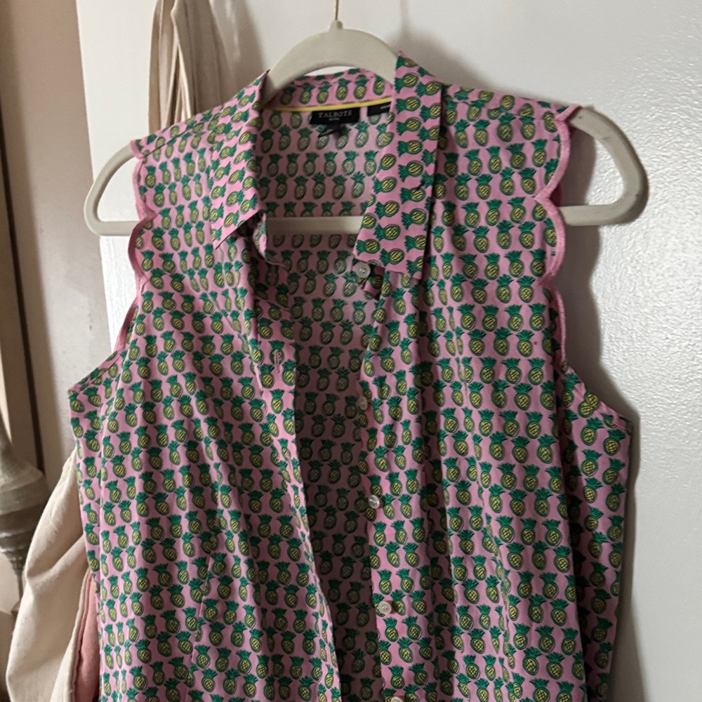 Talbots Pink and Green Pineapple Print Button Down Shirt Sleeveless